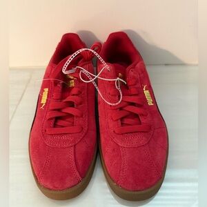 Puma Kid’s Red Suede Sneakers with Gold Accents
